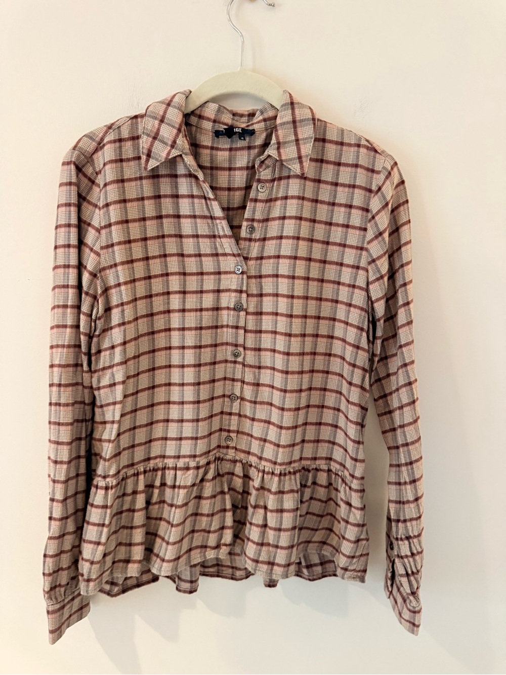 Paige XS Cream and Rust Plaid Button-Front Peplum Top